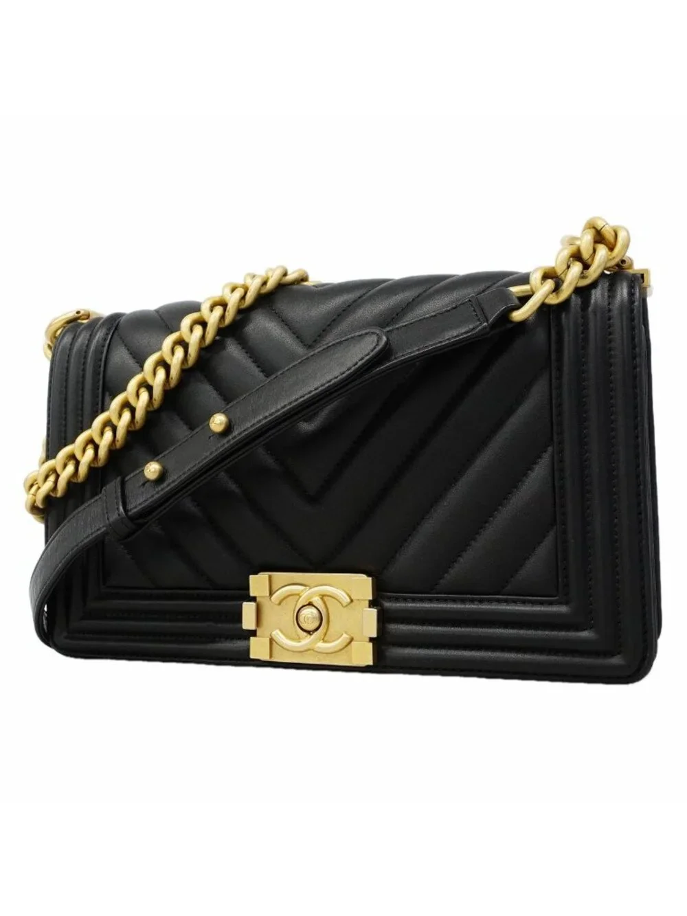 Chanel Shoulder Bag Boy Stitch Lambskin Black Gold